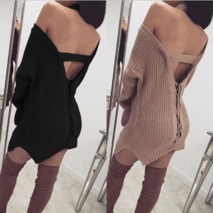 Вязаный свитер платье со шнуровкой на спине